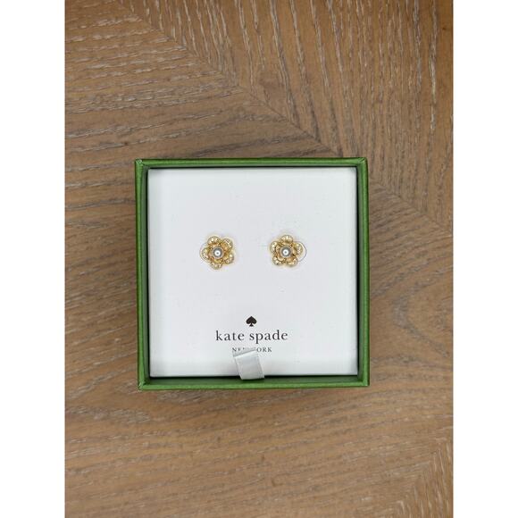 Jewelry - Kate Spade New York Cream Gold Pearl Floral Stud Earrings Jeweled Stencil NIB